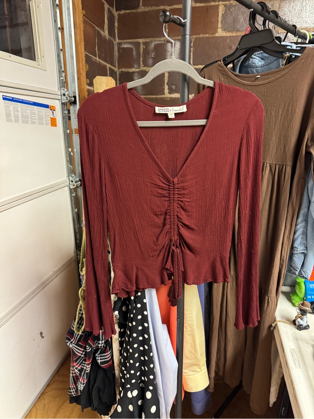 Gypsies & Moondust Burgundy Ruched V-Neck Long Sleeve Top